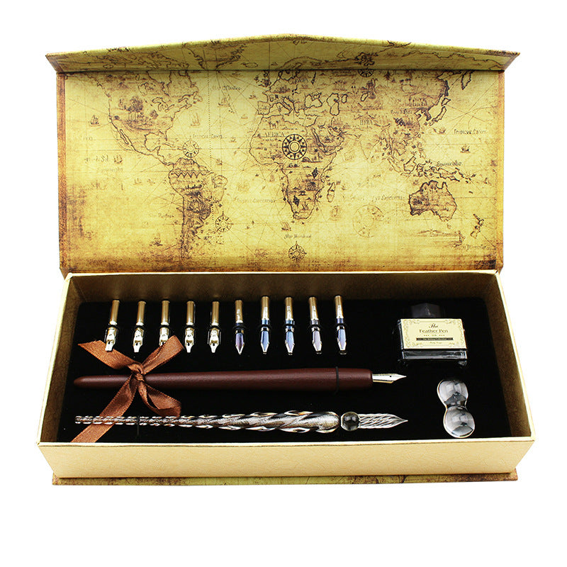 Luxury Handmade Glass Crystal Pen & Wooden Dip Pen Calligraphy Set