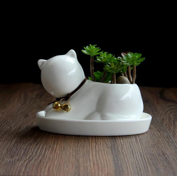 Minimalist Ceramic Cat Planter - Adorable Desktop Succulent Pot