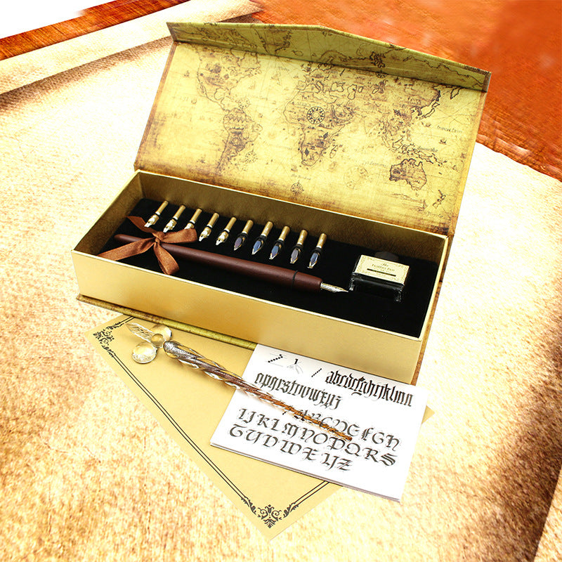 Luxury Handmade Glass Crystal Pen & Wooden Dip Pen Calligraphy Set